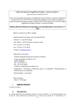 Cahier Des Charges De L'appellation D'origine « Fourme D'ambert » Associé À L'avis N°AGRT1413717V