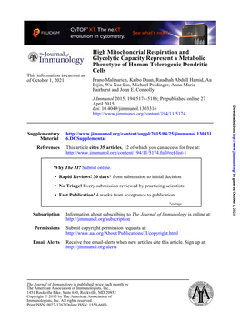 Cells Phenotype of Human Tolerogenic Dendritic Glycolytic Capacity Represent a Metabolic High Mitochondrial Respiration