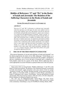 Riddles of Reference: “I” and “We” in the Books of Isaiah and Jeremiah: the Relation of the Suffering Characters in the Books of Isaiah and Jeremiah