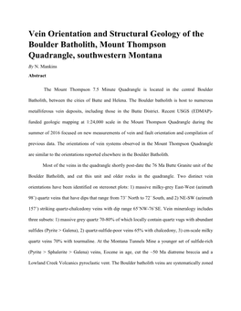 Vein Orientation and Structural Geology of the Boulder Batholith, Mount Thompson Quadrangle, Southwestern Montana by N