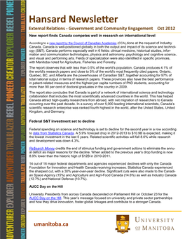 Hansard Newsletter External Relations - Government and Community Engagement Oct 2012 New Report Finds Canada Competes Well in Research on International Level