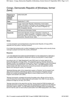 Congo, Democratic Republic of [Kinshasa, Former Zaire] (21 September 2001) Page 1 of 3