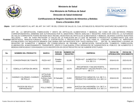 Certificaciones De Registro Sanitario De Alimentos Y Bebidas Enero a Diciembre 2018