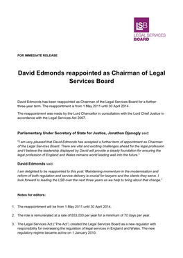 David Edmonds Reappointed As Chairman of Legal Services Board