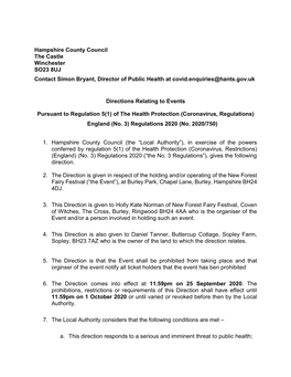 Hampshire County Council the Castle Winchester SO23 8UJ Contact Simon Bryant, Director of Public Health at Covid.Enquiries@Hants.Gov.Uk