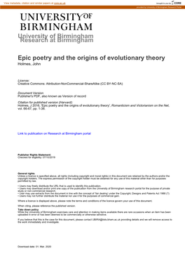 University of Birmingham Epic Poetry and the Origins of Evolutionary Theory