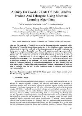 A Study on Covid-19 Data of India, Andhra Pradesh and Telangana Using Machine Learning Algorithms