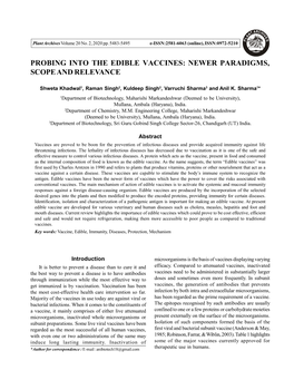 Probing Into the Edible Vaccines: Newer Paradigms, Scope and Relevance