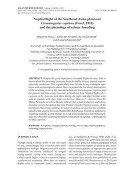 Nuptial Flight of the Southeast Asian Plant-Ant Crematogaster Captiosa (Forel, 1911) and the Phenology of Colony Founding