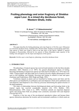 Fruiting Phenology and Avian Frugivory of Streblus Asper Lour. in a Mixed Dry Deciduous Forest, Western Ghats, India