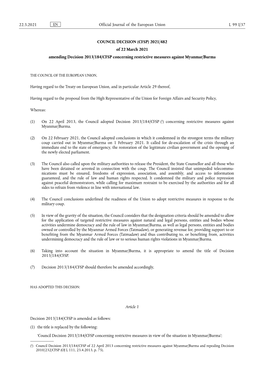 (CFSP) 2021/482 of 22 March 2021 Amending Decision 2013/184/CFSP Concerning Restrictive Measures Against Myanmar/Burma