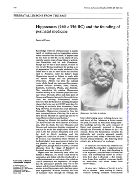 Hippocrates (460-C 356 BC) and the Founding of Perinatal Medicine