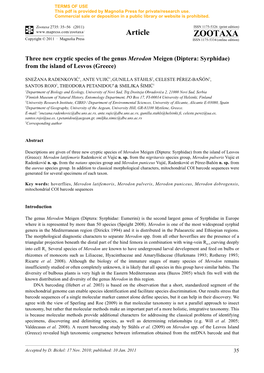 Three New Cryptic Species of the Genus Merodon Meigen (Diptera: Syrphidae) from the Island of Lesvos (Greece)