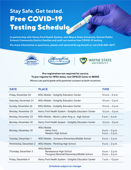 Free COVID-19 Testing Schedule