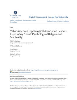 What American Psychological Association Leaders Have to Say About "Psychology of Religion and Spirituality" Mark R
