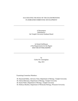 ELUCIDATING the ROLE of the DAAM PROTEINS in ZEBRAFISH EMBRYONIC DEVELOPMENT a Dissertation Submitted to the Temple University G