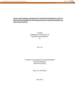 Spatial and Temporal Abundance of Gastropod Intermediate Hosts in Northeastern Minnesota with Implications for Parelaphostrongylus Tenuis Risk in Moose