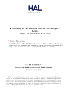 Computing an LLL-Reduced Basis of the Orthogonal Lattice Jingwei Chen, Damien Stehlé, Gilles Villard