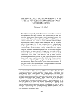 The Truth About Truth Commissions: Why They Do Not Function Optimally in Post- Conflict Societies