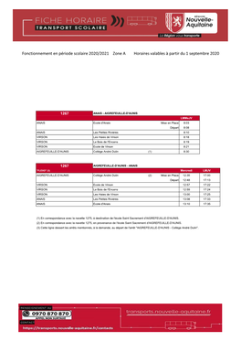 Fonctionnement En Période Scolaire 2020/2021 Zone a Horaires Valables À Partir Du 1 Septembre 2020