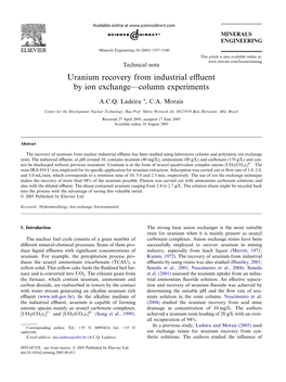 Uranium Recovery from Industrial Effluent by Ion Exchange—Column Experiments