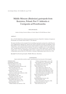 Middle Miocene (Badenian) Gastropods from Korytnica, Poland; Part V Addenda Et Corrigenda Ad Prosobranchia