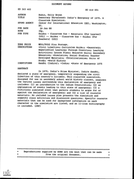 Democracy Threatened: India's Emergency of 1975. a Classroom Simulation