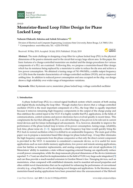 Memristor-Based Loop Filter Design for Phase Locked Loop