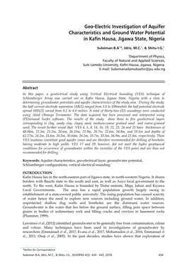 Geo-Electric Investigation of Aquifer Characteristics and Ground Water Potential in Kafin Hausa, Jigawa State, Nigeria