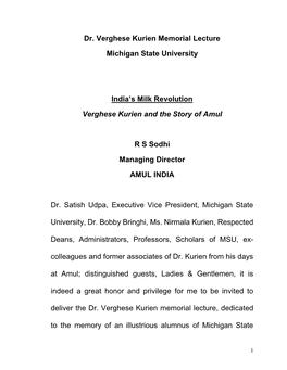 Dr. Verghese Kurien Memorial Lecture Michigan State University India's