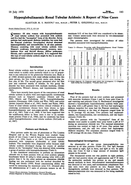 Hyperglobulinaemic Renal Tubular Acidosis: a Report of Nine Cases Br Med J: First Published As 10.1136/Bmj.3.5715.143 on 18 July 1970