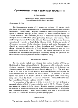 Cytotaxonomical Studies in South Indian Ranunculaceae D