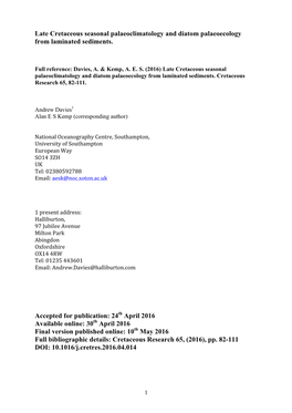 Late Cretaceous Seasonal Palaeoclimatology and Diatom Palaeoecology from Laminated Sediments