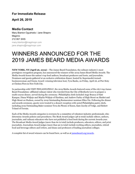 2019 James Beard Foundation Media Award Winners