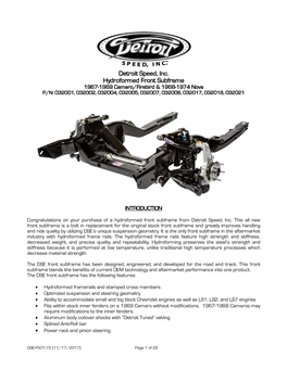 Detroit Speed, Inc. Hydroformed Front Subframe 1967-1969 Camaro/Firebird & 1968-1974 Nova P/N: 032001, 032002, 032004, 032005, 032007, 032008, 032017, 032018, 032021