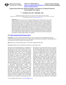 Aquatic Insects Diversity and Water Quality Assessment of a Tropical Freshwater Pond in Benin City, Nigeria