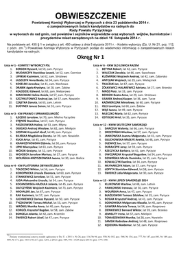 OBWIESZCZENIE Powiatowej Komisji Wyborczej W Pyrzycach Z Dnia 23 Października 2014 R