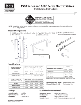 1500 Series and 1600 Series Electric Strikes Installation Instructions