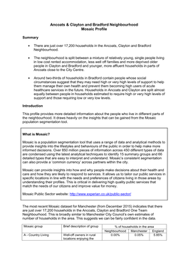 Ancoats & Clayton and Bradford Neighbourhood Mosaic Profile