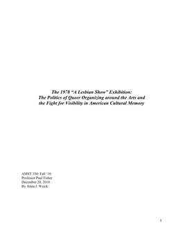 The 1978 “A Lesbian Show” Exhibition: the Politics of Queer Organizing Around the Arts and the Fight for Visibility in American Cultural Memory