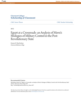 Egypt at a Crossroads: an Analysis of Morsi's Strategies of Military Control in the Post-Revolutionary State" (2012)
