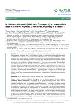 An Intermediate Host of Fasciola Hepatica (Trematoda, Digenea) in Ecuador?