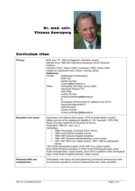 Dr. Med. Univ. Vinzenz Auersperg Curriculum Vitae