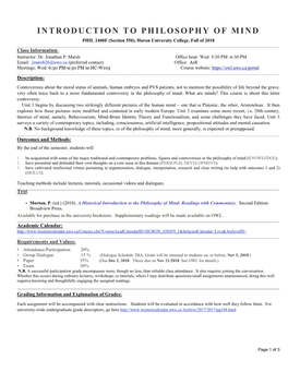 INTRODUCTION to PHILOSOPHY of MIND PHIL 2400F (Section 550), Huron University College, Fall of 2018 ______Class Information: Instructor: Dr