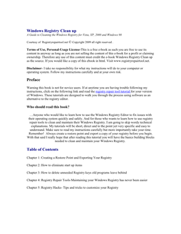 Windows Registry Clean up Preface Table of Contents