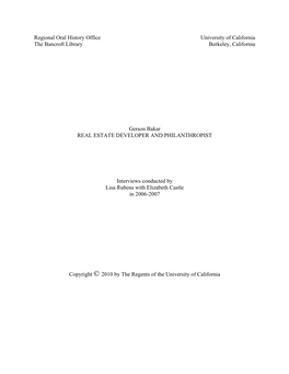Regional Oral History Office University of California the Bancroft Library Berkeley, California