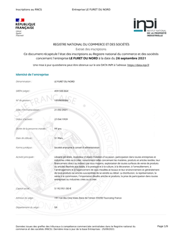 REGISTRE NATIONAL DU COMMERCE ET DES SOCIÉTÉS Extrait Des Inscriptions Ce Document Récapitule L'état Des Inscriptions Au R