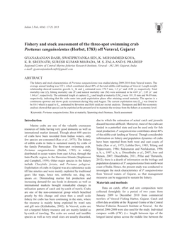 Fishery and Stock Assessment of the Three-Spot Swimming Crab Portunus Sanguinolentus (Herbst, 1783) Off Veraval, Gujarat