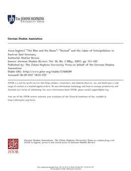 Anna Seghers' "The Man and His Name": "Heimat" and the Labor of Interpellation in Postwar East Germany Author(S): Hunter Bivens Source: German Studies Review, Vol