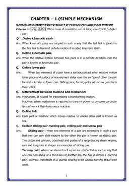 Chapter – 1 (Simple Mechanism